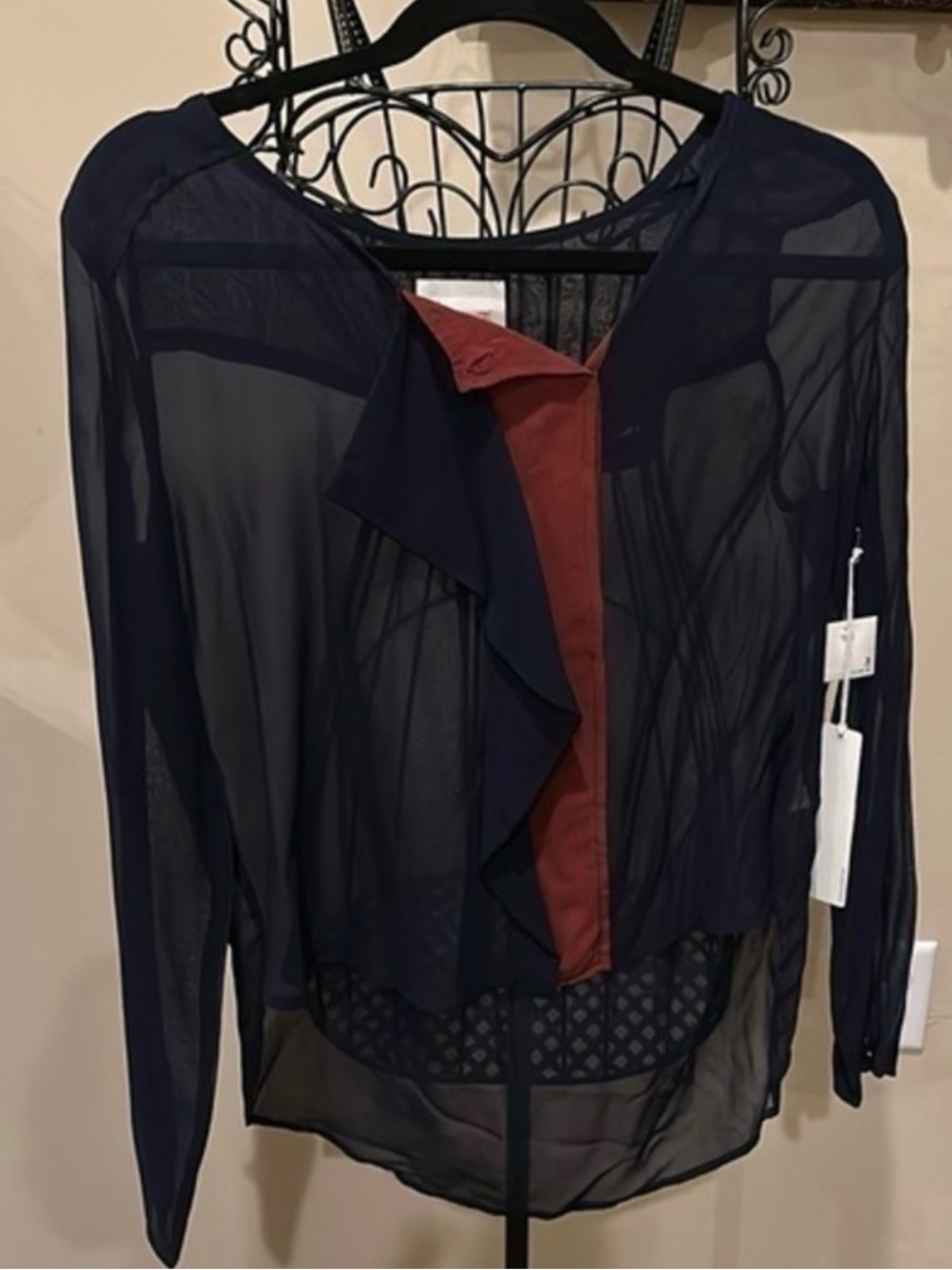 NWT Line & Dot 100% silk sheer long sleeve blouse color block top size S rare